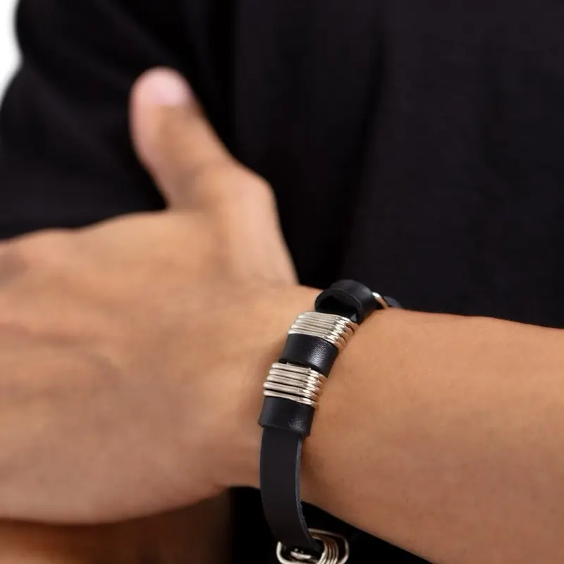 Men’s black with silver accent snap bracelet