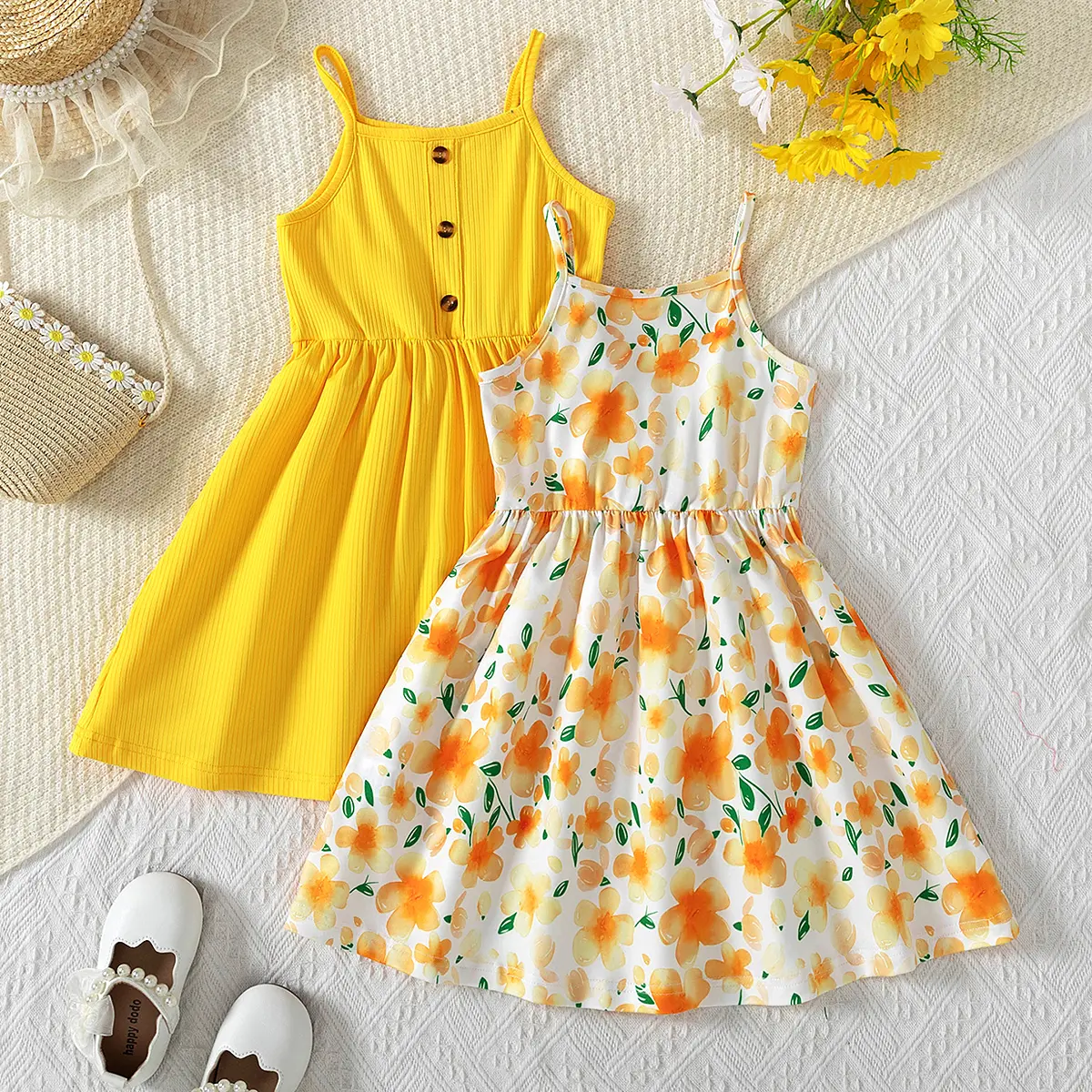 Girls' 2-Piece Summer Dress Set for Toddlers & Kids Ages 4-7 - Trendy Yellow Ribbed Ruffle-Strap Dress with Buttons, Sleeveless White-Orange Floral Sundress, Soft Cotton, Casual, Machine Washable Playdate Outfits