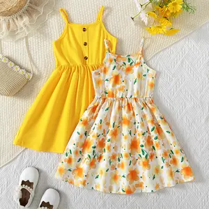Cutest Duo Alert! Girls' 2-Piece Dress Set: Trendy Yellow Ruffle-Strap Ribbed Dress with Buttons & Charming White Orange Floral Sundress Soft Cotton Comfortable Outfits for American Toddlers & Kids Ages 4-7 Summer Must-Have