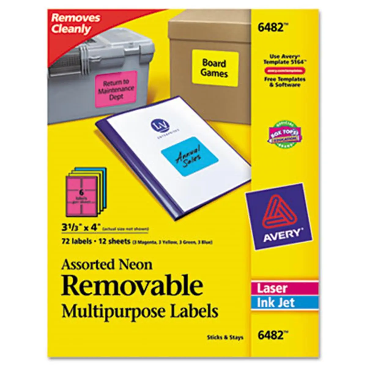 Avery 6482 Removable Self-Adhesive Color-Coding Self-Stick Labels & Stickers, 3.33x4 in Assorted Neon, 72-Pack for Organizing Tasks, Removes Cleanly