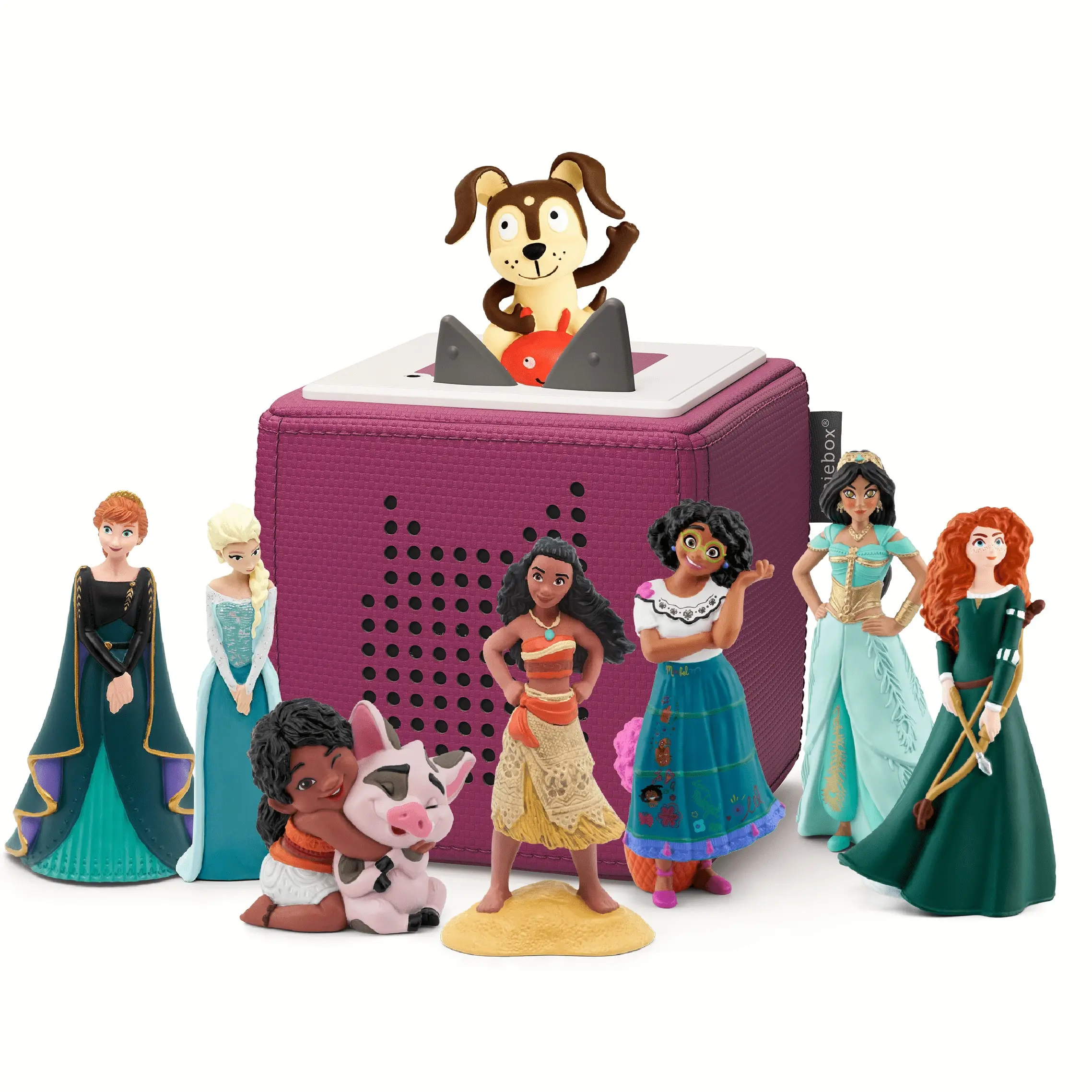 Toniebox Adventure Bundle with Purple Starter Set and 8 Tonies | Includes: Moana, Moana 2: Simea, Mirabel from Encanto, Elsa, Anna, Princess Jasmine, Merida from Brave, and Playtime Puppy