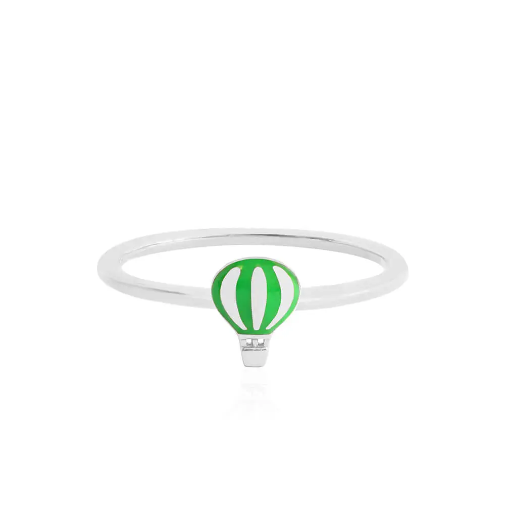 Silver Hot Air Balloon Ring, Green Enamel