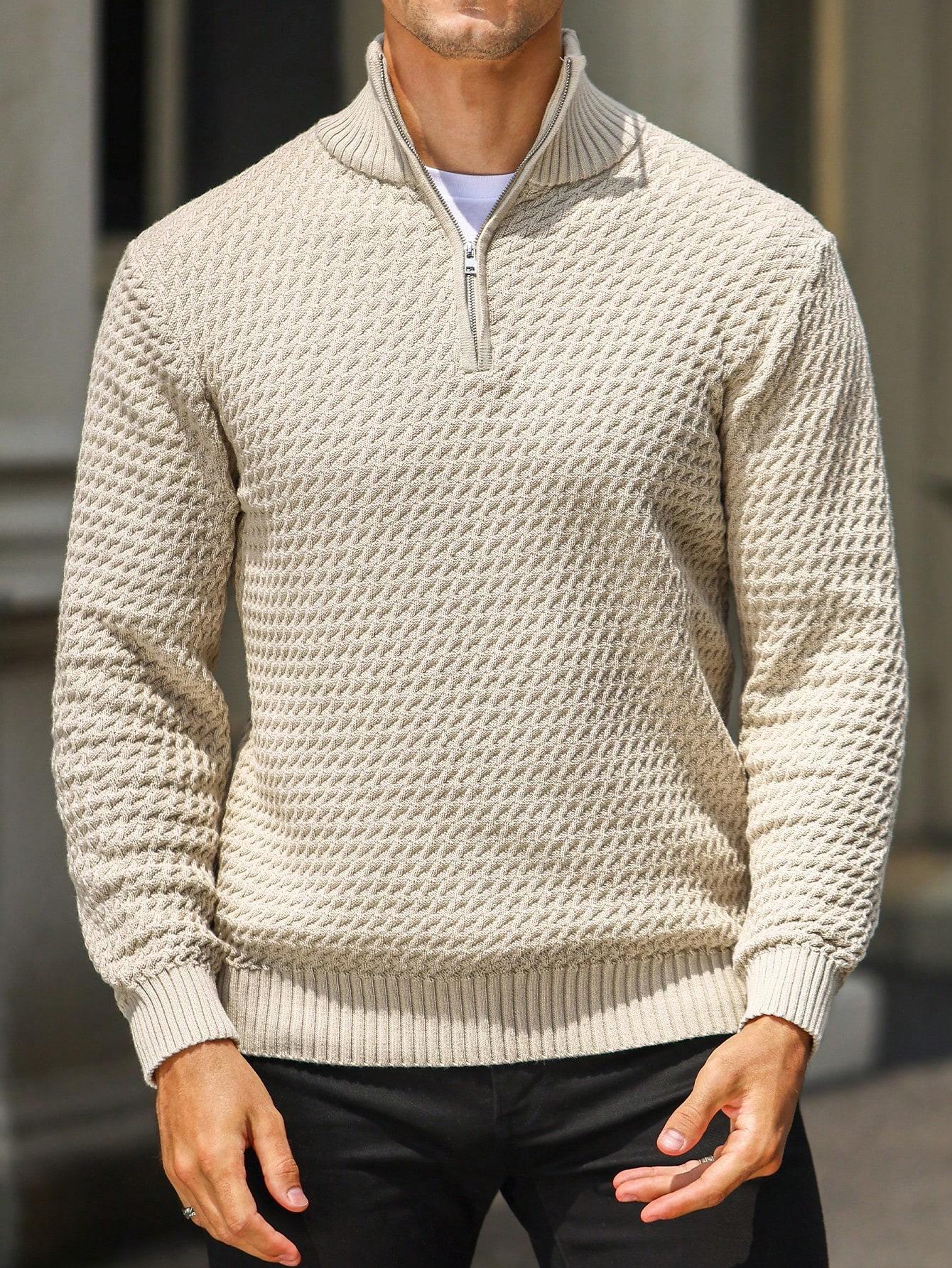 Men's Quarter-Zip Sweater Textured-Knit Mock Neck Pullover Business Casual Slim Fit, S-3XL