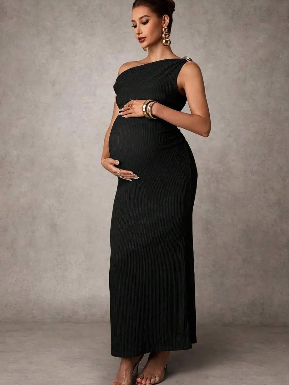 Maternity Oblique Shoulder Dress Sleeveless Long - Photoshoot Baby Shower Pregnancy Outfit