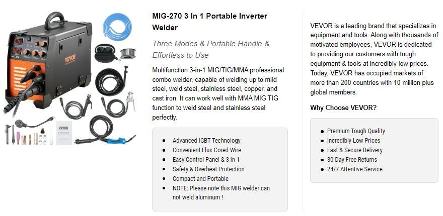 VEVOR MIG Welder, 130-270A Flux Core Welder, 3 in 1 Combo MMA/MIG/LIFT TIG Welder Machine, Portable MIG-130 Welding Machine IGBT Inverter, Automatic Wire Feeding Welder for Stainless Steel