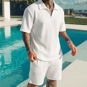 Men’s vertical ribbed texture half-zip polo set — summer short-sleeve T-shirt + drawstring shorts, two-piece breathable casual vacation set