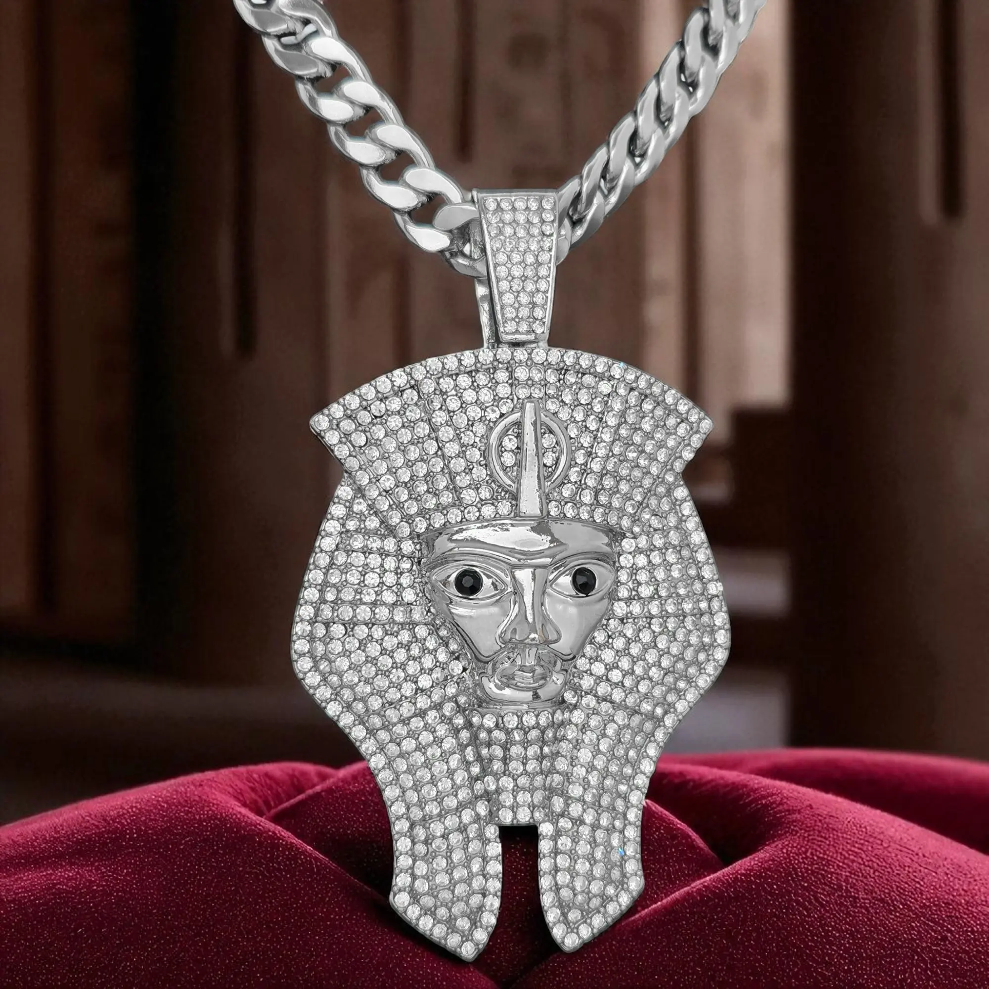 MaxBling81 Hip Hop Chain Jewelry, Silver Plated Egyptian King Tut Large Pendant with 10mm Cuban Necklace for Unisex Casual Wear, Multi-size 18-30in, Cuban Link Chain, Pharaoh, Alloy Coated, 80Mm X 70Mm