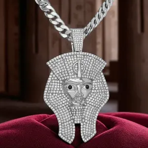 Men's Hip Hop Style Egyptian Egypt King Tut Pharaoh Silver Plated Large CZ Pendant & 10mm 18" 20" 24" 30" Cuban Chain Necklace