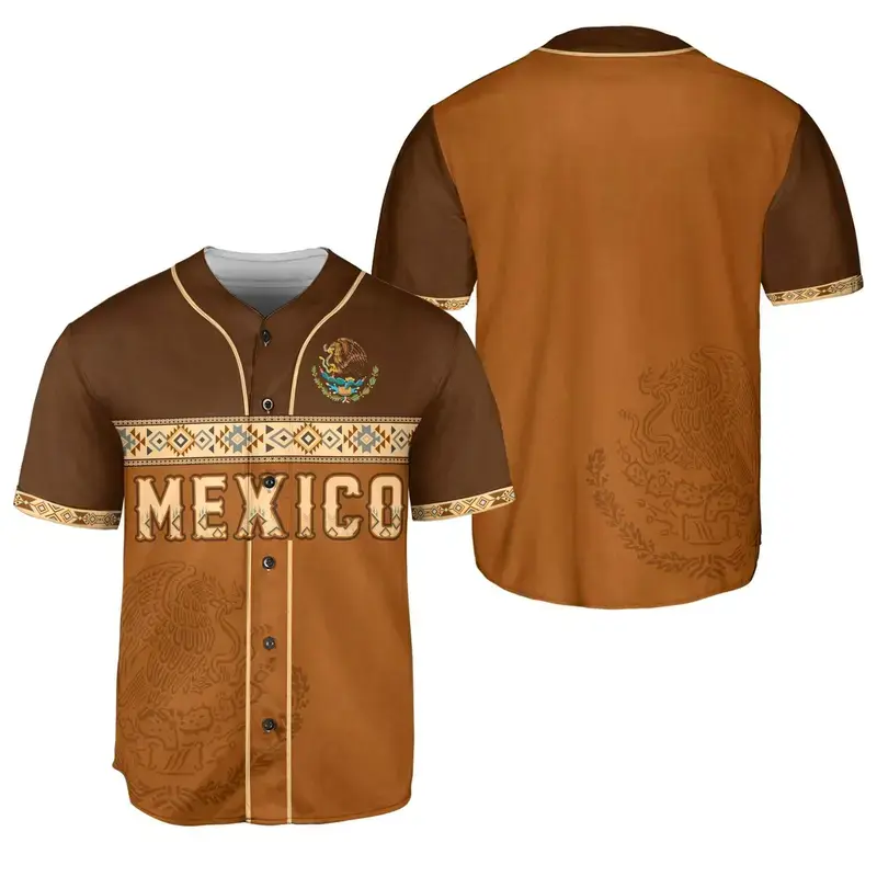 Aztec Tribal Culture Mexico Print Training Jerseys Stripe Baseball Shirt Mexico Flag Cozy Breathable Jersey Unisex Athletic Fit Button Front