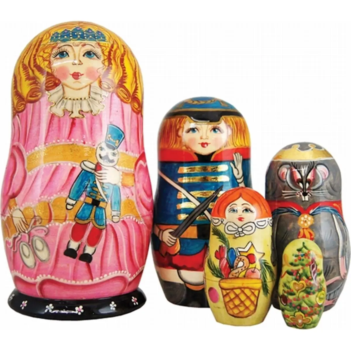 212 MAIN G.Debrekht Clara Nutcracker Rich Folk Art Wooden Craft Nested Dolls - 5-Piece Freehand-Painted Russian Collectibles, 6.5 in Festive Home Decor