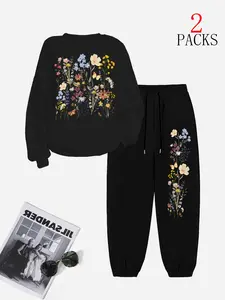 Women's Floral Pullover Sweatshirt & Warm Pants Set, Casual Loose Fit Winter, Perfect Gift for Friends & Mom