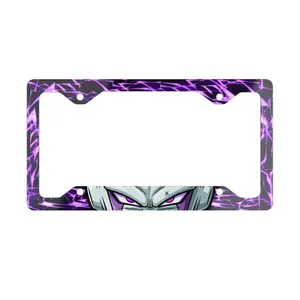 Purple Lightning Demon Eyes Metal License Plate Frame Anime Car Accessory 12.3 x 6.5 Inch Vibrant Full Color Glossy Finish Durable Aluminum Silver Backing
