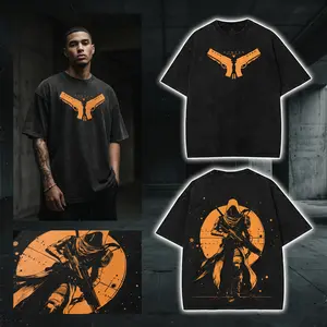 Destiny 2 Hunter Gunslinger Vintage Washed Crew Neck T-shirt – Oversized Graphic Hooded Tank Top, Heavyweight Retro Streetwear Cotton Tee, Perfect for Fans of Gaming Sci-Fi Fabric Menswear