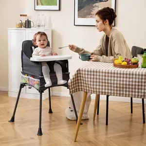 COSTWAY - Portable High Chair for Travel Foldable with Adjustable Tray and Mesh Pockets-Gray