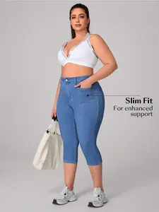 Plus Size Women's Knitted High Stretch Elastic Denim Jeans, Comfortable Tight Fit Seven-Quarter Pants, Stylish Casual Wear