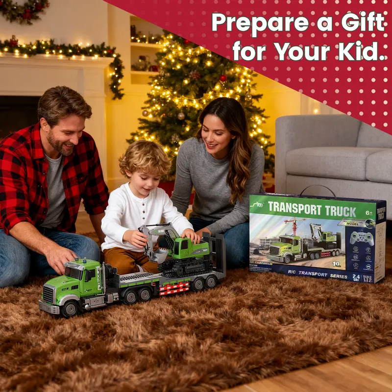Egofuntoy 1:12 RC Semi Truck & Excavator Backhoe Car Toy Set - ABS Plastic, 2.4GHz 11-Channel Remote Control Vehicle, Removable Rechargeable Flatbed Trailer with Lights & Sound, Auto-Demo Mode, Cool Christmas Gifts for 8-10Y Boys, Kid Stuff for Boys