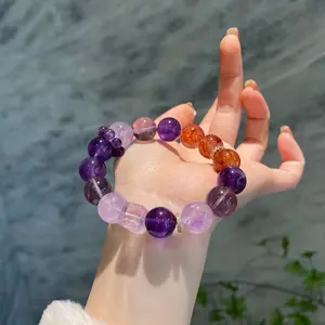 Natural Genuine Nine Fire Bracelet Design, Amethyst Crystal Bracelet with Large Beads, Lucky Year Transfer Charm