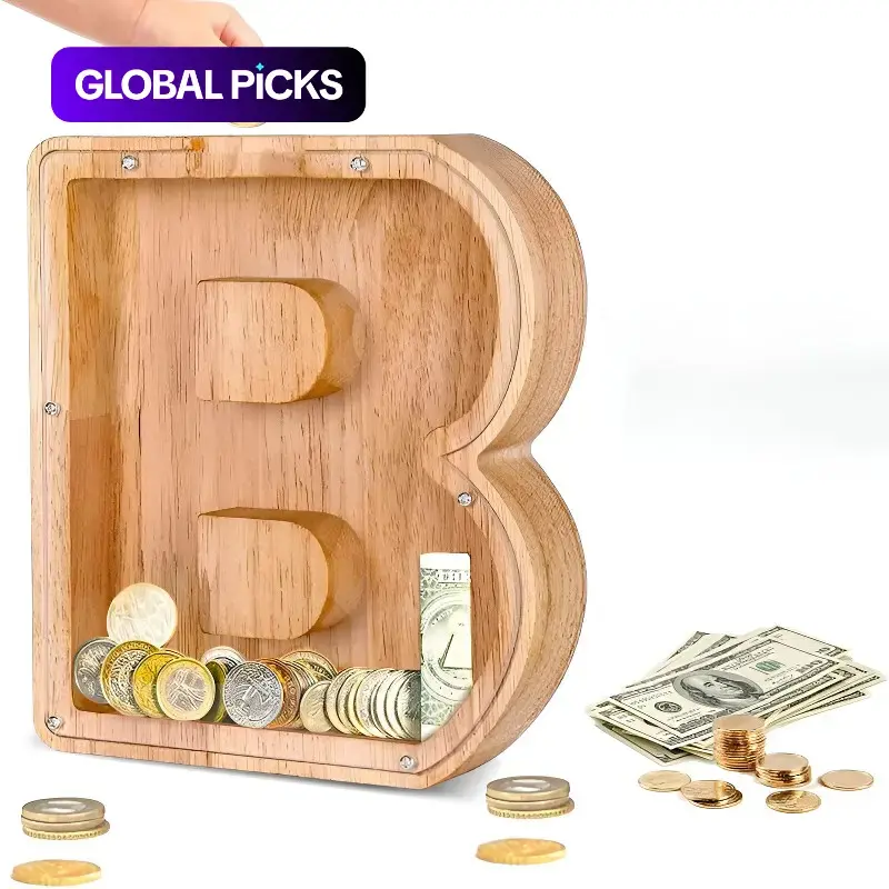 Letter Piggy Bank, Wooden Savings Box, Coin & Bill Storage, Wooden Money Box & Storage Jar with Clear Acrylic Lid, for Adults & Kids, Combination, Living Decor, Perfect Birthday Gift