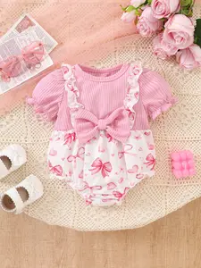 Cute Baby Girl Romper Set, Heart Bow Print, Ruffle Hem, 3D Butterfly Decoration, Two-Piece Overall, Toddler, Baby Girl Clothes