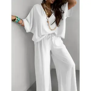 (Plus Size) 2 Counts Solid Color Drop Shoulder Tee & Wide Leg Pants Two-Piece Set, Casual Half Sleeve V Neck Top & High Waist Trousers for Daily Wear, Back To School Outfits, Women's Two-piece Outfits for Summer Clothes Fabric fit