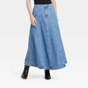 Universal Thread Women's Denim Circle Maxi Pantskirt - Womenswear Bottom with Pockets, Button Closure for Blouse Pairing