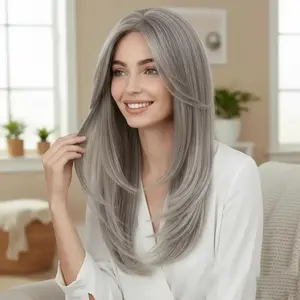 13x6 Lace Frontal Wig Ombre Ash Grey Lazy Wave Curtain Bangs Natural Looking Full Cap Wig for Stylish Looks