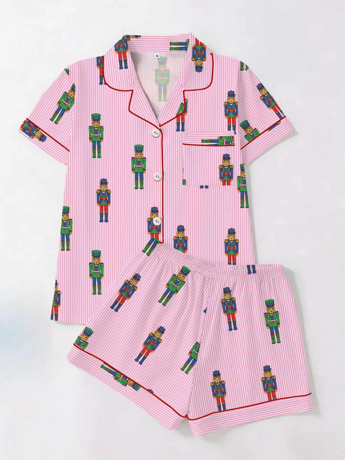 Striped Nutcracker Print Pajama Set, Short Sleeve T-Shirt and Shorts with Cardigan, Casual All Seasons Loungewear You Can Wear Outside