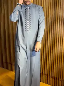 Men's Agbada Dashiki Set, Embroidered Pattern, Zipper Collar, Long Robe Shirt Pants Three-Piece Suit, Loose Fit, Festive Wedding Party Wear