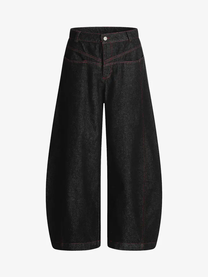 Thesupermade Street Culottes Red Stitching Barrel Jeans | High-Rise Wide-Leg Contrast Streetwear Denim Women Men