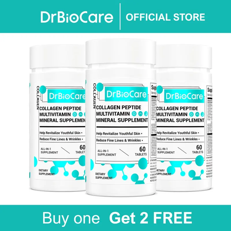 【B1G2 FREE】DrBioCare Codfish Hydrolysate Collagen Peptide Dietary Supplement Tablet (3-Bottle Value), Prop 65 Free Beauty Product for Adults with Probiotics, Minerals, Multivitamins for Skin Care, Anti-Aging Support