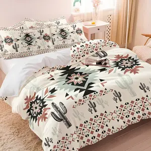 2/3Pcs Boho Western Cactus Tribal Duvet Cover Set, Aztec Geometric Comforter Cover, Neutral Desert Bedding Set with Pillowcases, No Filler, For Teens Bedroom Farmhouse Decor, Perfect Gift for Boho Home Lovers