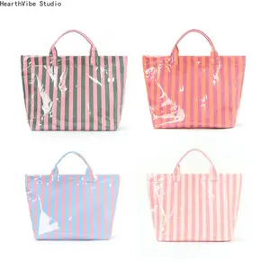 2026 Striped Tote Bag High-Value Lightweight Handbag Commuter Large Capacity Portable Travel Shoulder Bag, Casual Style All Seasons