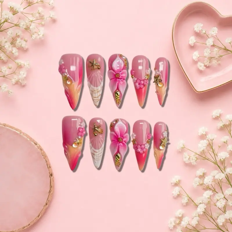 Lala’s Luxury Nailz Square Press-On Nails - Feminine Glamorous Floral Design, Crafted Handmade Set with Glue Tabs, Mini File, Lightweight Reusable Comfortable Natural Fit for Elegant Look