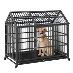 Heavy Duty Metal Dog Crate  Feeding Bowls & Adjustable Feeder,360° Wheels, Stackable Easy Assembly 42-48 Inch Indoor Kennel with Roof, Secure Locking Doors, Removable Tray