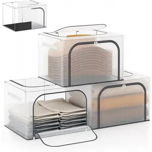 Large size 66L Fully Transparent Openings Clothes Storage Bins with Metal Frame, Stackable & Foldable Storage Box with Lids, Closet Organizers, Cap, Sweater.(19.7x 15.75 x 13 Inches)