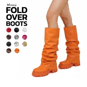 Womens Fold Over Boots Knee High Round Toe Side Zipper Chunky Block High Heel Slouchy Pull On Pleated Platform Fashion Party Wedding Dress Casual Outings Date Festival Comfortable Trendy Y2K Boot