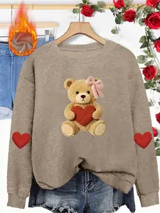 Women's Valentine's Day Round Neck Faux Fur Top, Soft and Comfortable, Heart Bear Print, Casual Fit, Fall & Winter Fashion