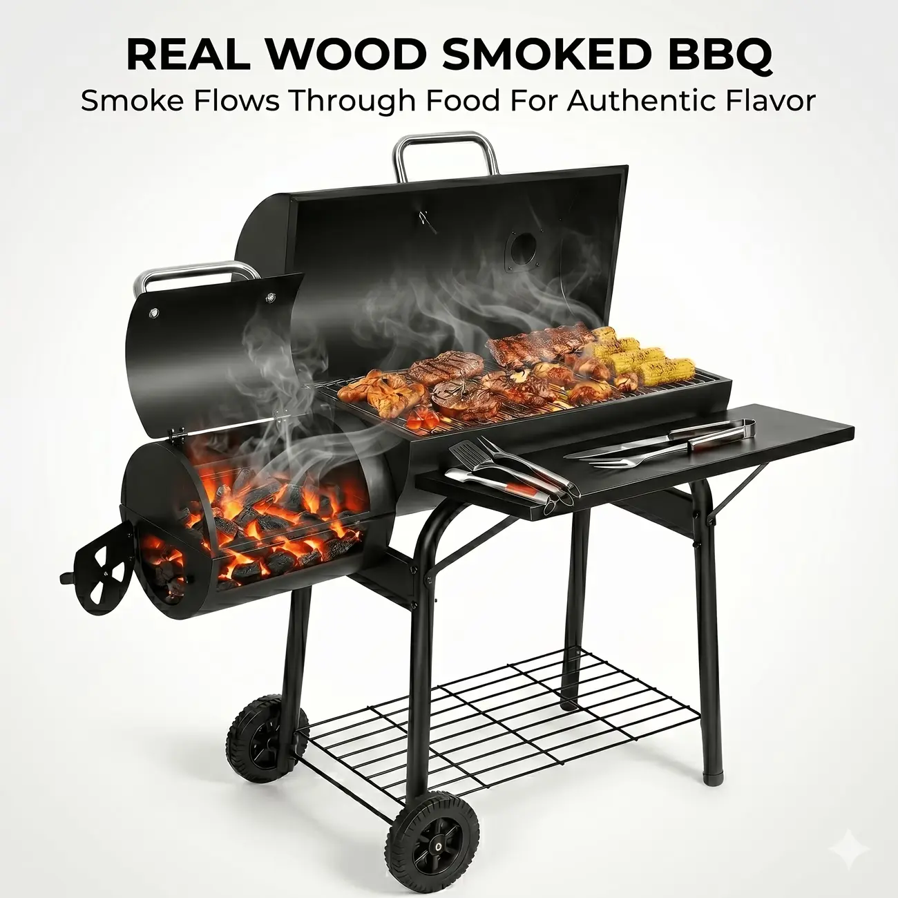 Large Barrel Charcoal Smoker-Grill, Outdoor Cooking Equipment for Campfire-BBQ Party Sausages, Backyard Grilling Outdoor Cooking Barbecue Tool