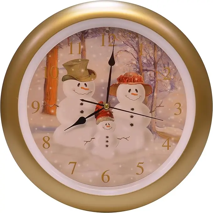 Snow Family Christmas Carol Sound Wall Clock, 13 Inch Gold with Hourly Holiday Music & Light Sensor