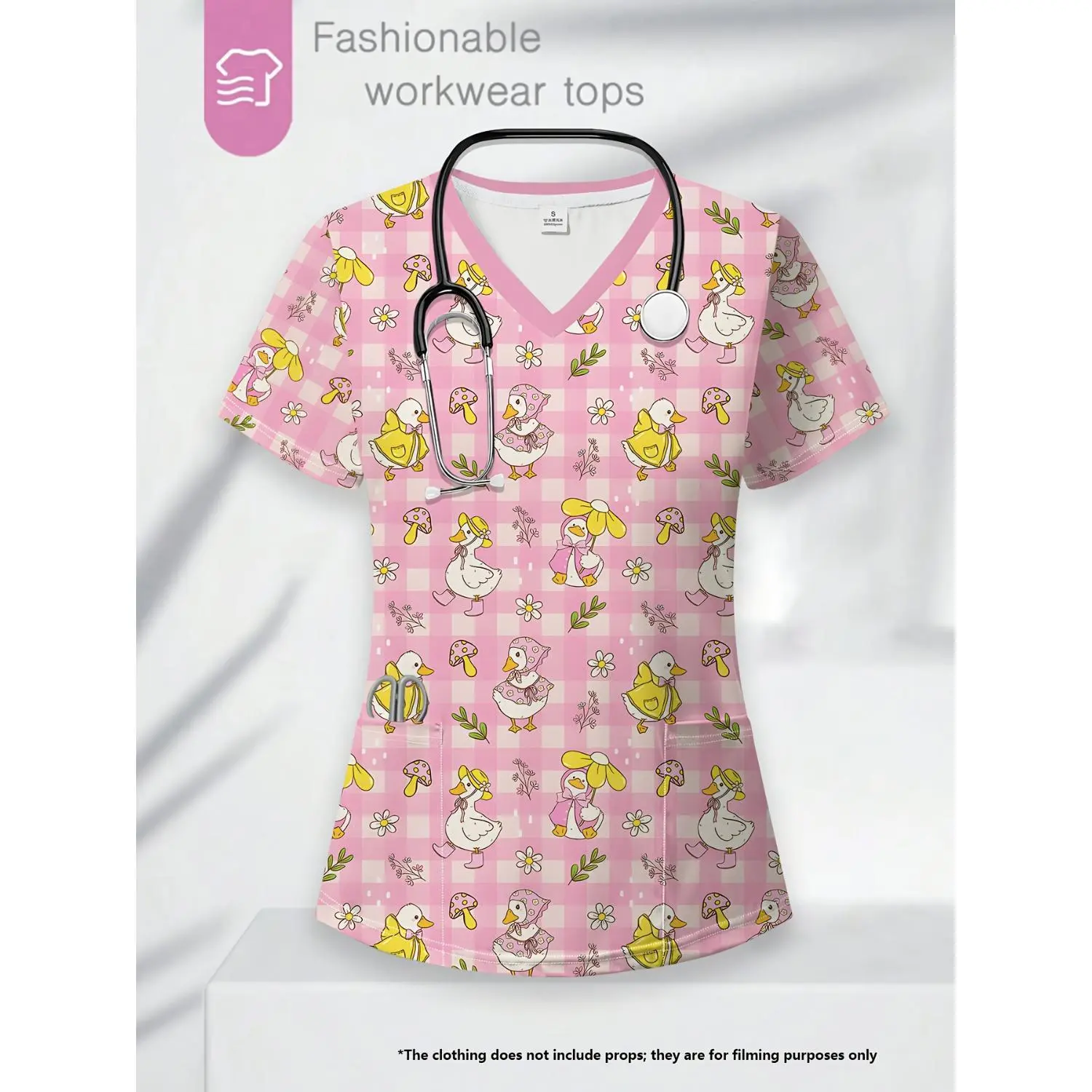 Valentine's Day Women's V-Neck Top with 3D Cartoon Heart and Cute Animal Floral Patterns on Light Yellow Background, Featuring Pocket - Perfect for Workwear