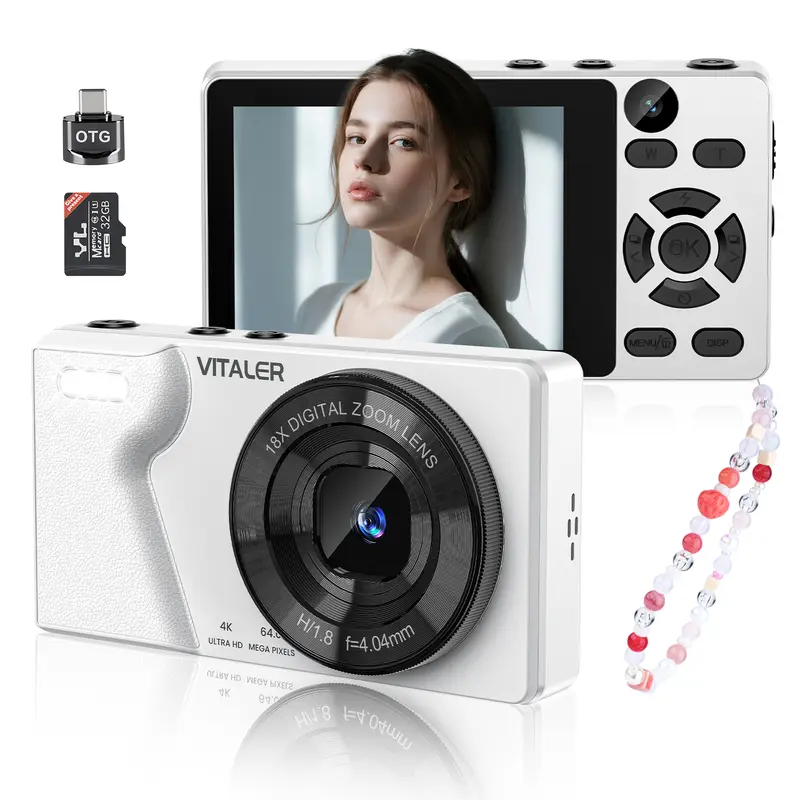 Vitaler Dual-Camera Point & Shoot Digital Camera - Portable, Compact Body, Easy to Carry, 1.2f/, Automatic, Built-In Beauty Filter, OTG Support, Memory Card Included for Teens & Beginners