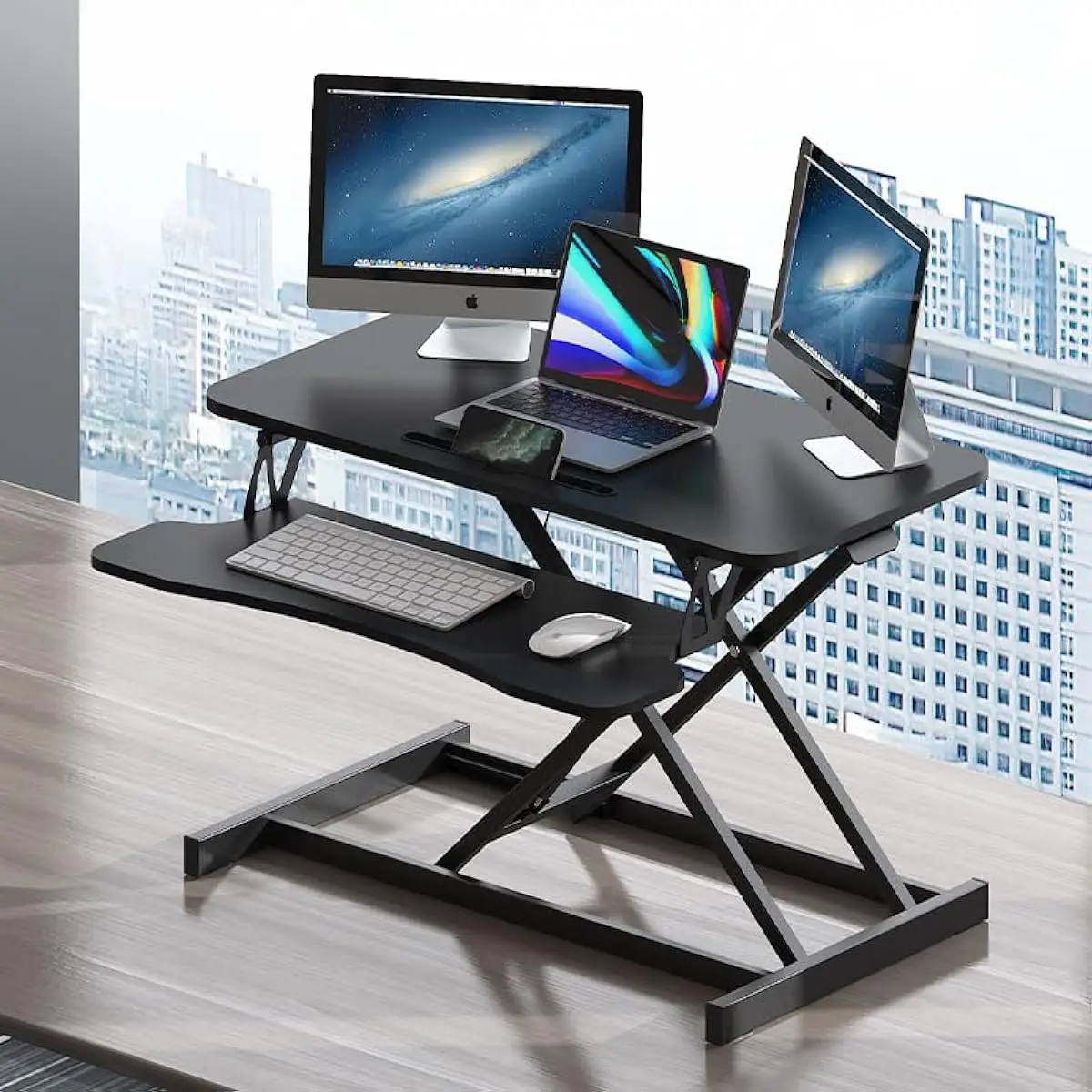 32 Inch Height Adjustable Standing Desk Converter, Sit Stand Desktop Workstation with Wide Keyboard Tray, Dual Monitor & Laptop Riser for Home Office