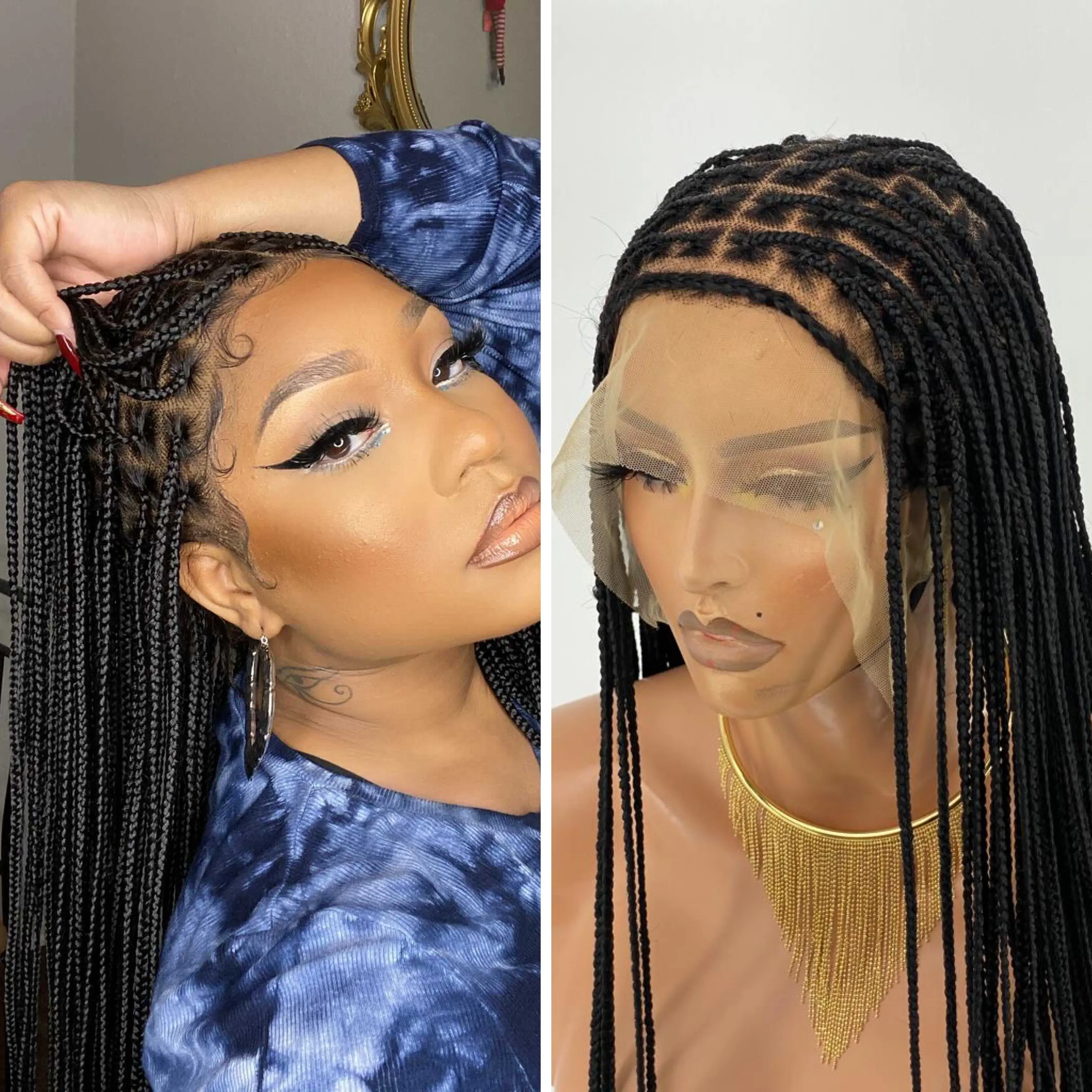 HD Knotless Braid Wig, Human Hair Swiss Full Lace, Black, Glueless - Fatima