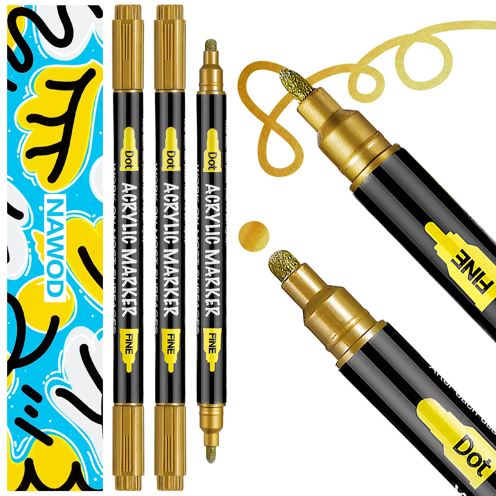 NAWOD 3 Gold Silver Metallic Acrylic Paint Pens, Dual Tip Acrylic Paint Markers (Fine 1mm + Dot 5mm), Acrylic Markers for Rock, Fabric, Canvas, Glass, Wood, Ceramic, Paper, Scrapbook, Journaling, DIY, Permanent Paint Markers for Kids and Adults