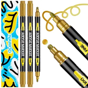NAWOD 3 Gold Silver Metallic Acrylic Paint Pens, Dual Tip Acrylic Paint Markers (Fine 1mm + Dot 5mm), Acrylic Markers for Rock, Fabric, Canvas, Glass, Wood, Ceramic, Paper, Scrapbook, Journaling, DIY, Permanent Paint Markers for Kids and Adults