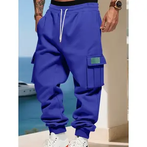 Men’s sporty fleece-lined cargo pants, loose-fit outdoor workwear joggers, thick knit fabric, autumn and winter casual wear, casual sports trousers
