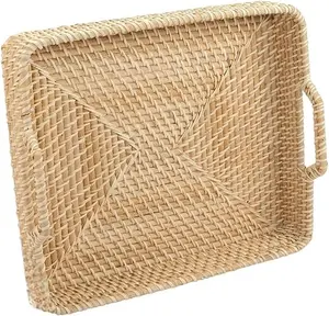 ShelterCast Rattan Rectangular Tray with Handles for Breakfast Bed Bar Dinner Parties. Gift Organiser Set Decoration Fruit Rectangle Basket