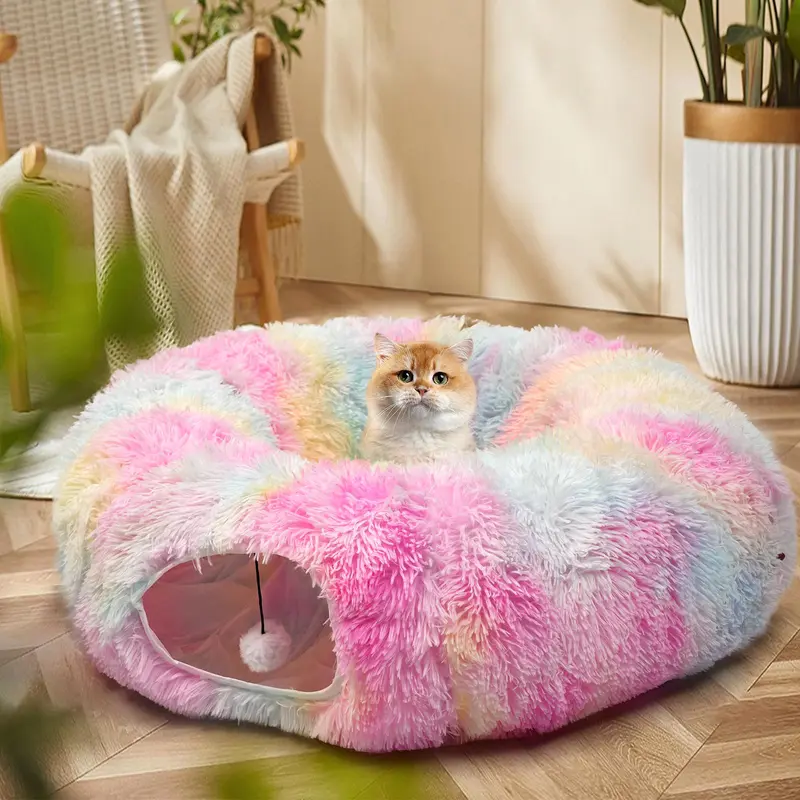 Winter Warm Pet Bed, 2 in 1 Foldable Cat Tunnel Cat Bed, Warm Plush Cat Bed with Hanging Ball & Tunnel Buckle, Pet Supplies for Indoor Outdoor Use 4