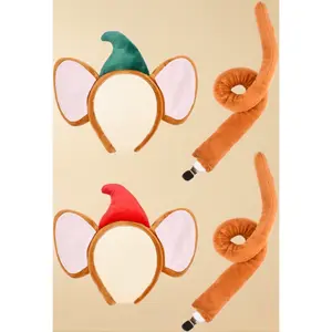 Mouse Ears Headband and Tail Set, Plush Animal Costume Accessories with Elf Hat, Red and Green, 2 Pack