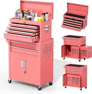 INTERGREAT Tool Chest, 8-Drawer Rolling Tool Chest with Hooks and Lockable Wheels,Metal Storage Detachable Top Tool Box with Lockable Wheels for Garage,Workshop,Art Studio(Pink)